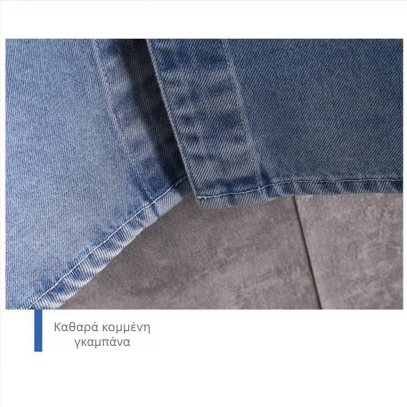 Ανδρικό καλοκαιρινό denim πουκάμισο με κοντομάνικο, στενή γραμμή, ευρύς γιακάς, ελαφρύ μείγμα πολυεστέρα, εκτύπωση σε χρωματική συνοχή