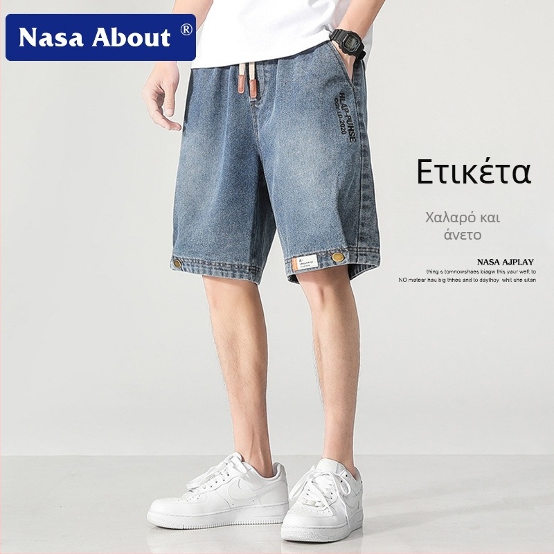 Ανδρικά σορτς από denim με πλύση, καλοκαιρινό στυλ, φαρδιά ίσια γραμμή
