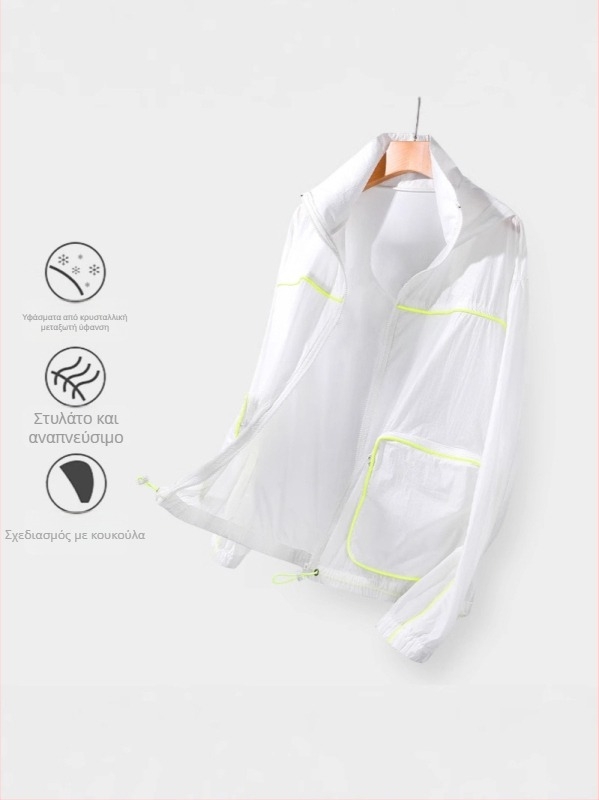 Σακάκι με κουκούλα για το καλοκαίρι - λεπτή ύφη, κύριο ύφασμα νάιλον, εμπρός φερμουάρ, εκτύπωση φυσικού τοπίου, χαλαρή εφαρμογή