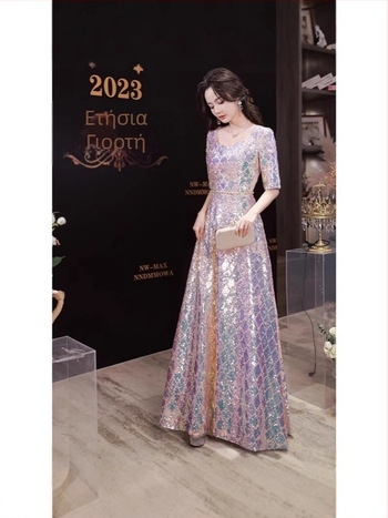 Μακρύ βραδινό φόρεμα με παγιέτες για οικοδέσποινα — κομψό, λεπτομέρειες patchwork, ύφασμα πολυεστερικού μίγματος (30-50% / 50-70%), Καλοκαίρι 2025