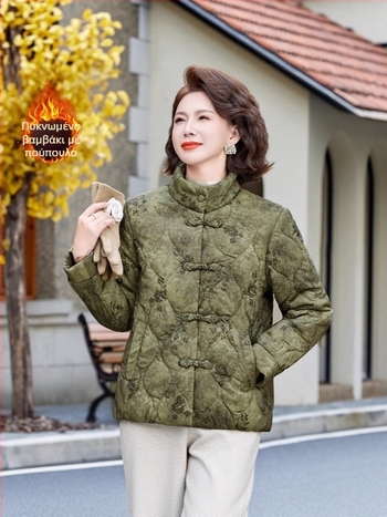Γυναικείο χειμερινό παλτό με γιακά-στάση, φλοράλ μοτίβο, επένδυση φλίς, εξαιρετικά χοντρή θερμότητα, γέμισμα: συνθετικό μετάξι-βαμβάκι