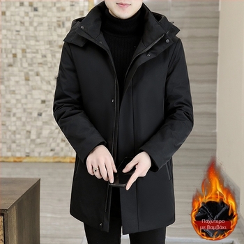 Ανδρικό μπουφάν με κουκούλα, μεσαίου μήκους, γέμισμα από 70% βαμβάκι; εξωτερικός πολυεστέρας; φερμουάρ; επένδυση βαμβάκι