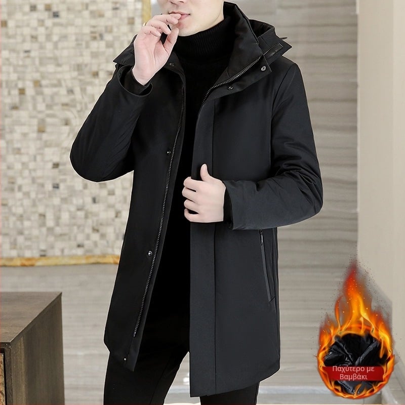 Ανδρικό μπουφάν με κουκούλα, μεσαίου μήκους, γέμισμα από 70% βαμβάκι; εξωτερικός πολυεστέρας; φερμουάρ; επένδυση βαμβάκι