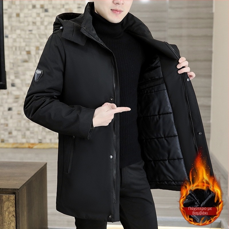 Ανδρικό μπουφάν με κουκούλα, μεσαίου μήκους, γέμισμα από 70% βαμβάκι; εξωτερικός πολυεστέρας; φερμουάρ; επένδυση βαμβάκι