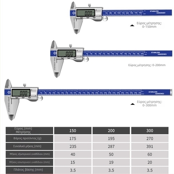 Ψηφιακός καλιμπέρ από ανοξείδωτο χάλυβα, με μεγάλη οθόνη, μεταλλικό κάλυμμα και ράβδο βάθους