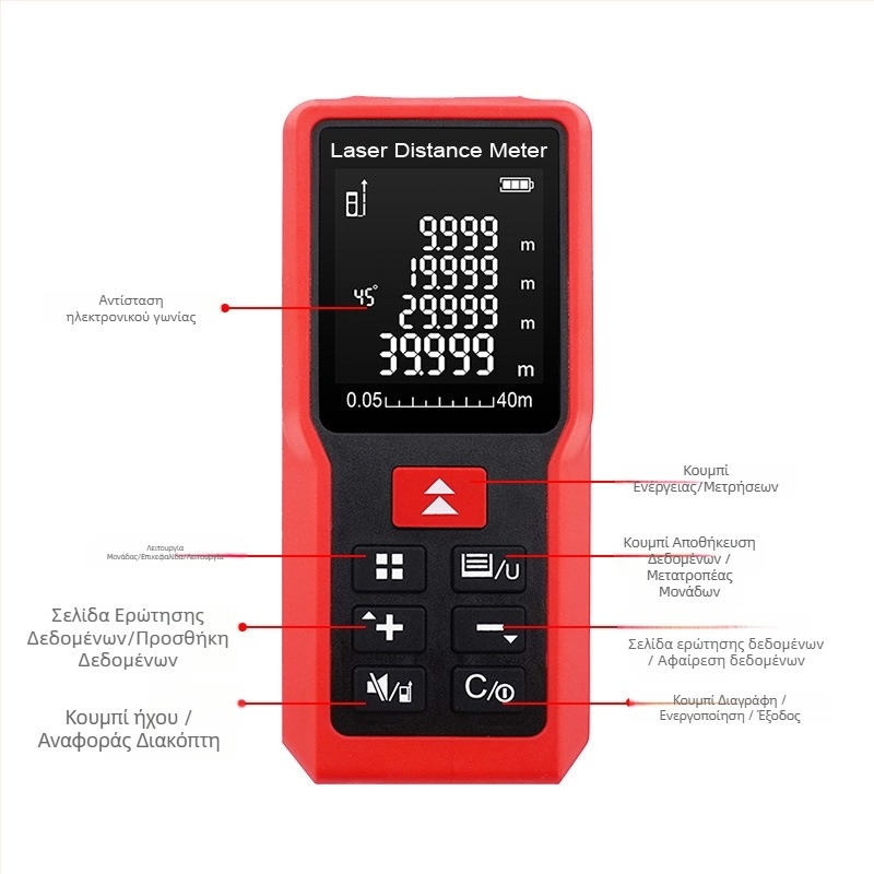 Nomi ME Series φορητός μετρητής απόστασης λέιζερ με υπέρυθρη μέτρηση, κατάλληλος για εσωτερικούς και εξωτερικούς χώρους — μοντέλα ME40/ME60/ME80/ME100