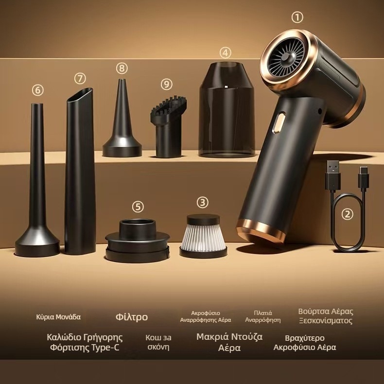 Ασύρματος φορητός καθαριστής αυτοκινήτου για στεγνό καθάρισμα με αναρρόφηση 2100–3000 Pa, ισχύς 5 W, ενσωματωμένη μπαταρία 501–800 mAh, αυτονομία 1–3 h, θόρυβος 46–70 dB