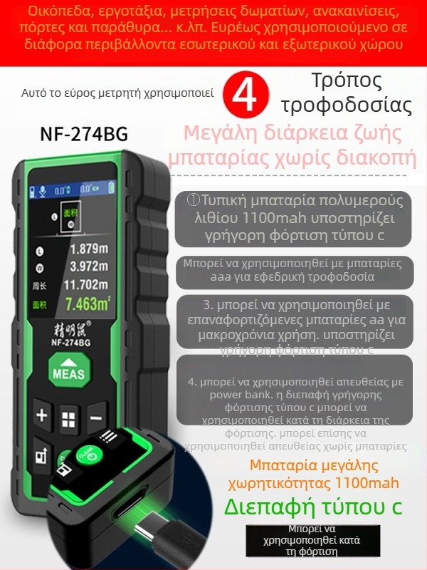 Υπαίθριος φορητός μετρητής απόστασης με λέιζερ, πράσινο φως, υψηλής ακρίβειας υπέρυθρο μετρητικό όργανο και ηλεκτρονικός χάρακας