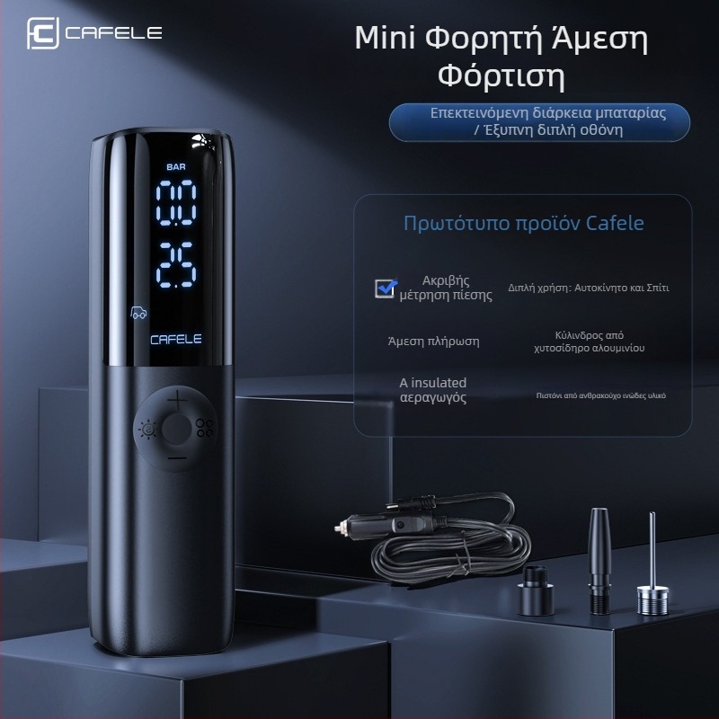 Αυτόνομος ασύρματος φουσκωτήρας αυτοκινήτου, μίνι φορητός με LED φωτισμό και ψηφιακή οθόνη, μετρητής πίεσης ελαστικών και USB φόρτιση, 12V DC, 180W