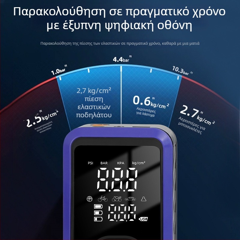 Αυτόνομος εκκινητής αυτοκινήτου με ενσωματωμένη αντλία αέρα (70 L/min), ψηφιακή οθόνη, μετρητής πίεσης ελαστικών και φόρτιση USB-C
