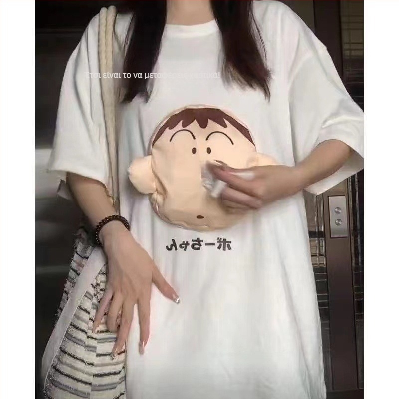 Unisex κοντομάνικη φανέλα από βαμβάκι 95%+ με anime κολλάζ σχέδιο, χαλαρή γραμμή, στρογγυλός λαιμός, μεσαίο μήκος