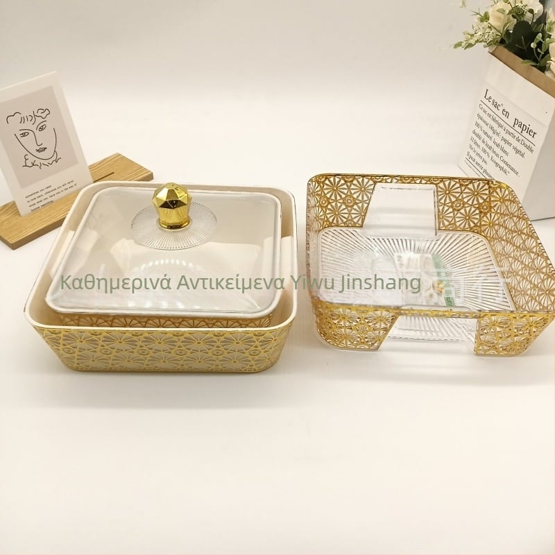 Πλαστικός δίσκος φρούτων με χαραγμένο μοτίβο λουλουδιών, τετράγωνος διαφανής, με καπάκι, στυλ λουξ ρετρό