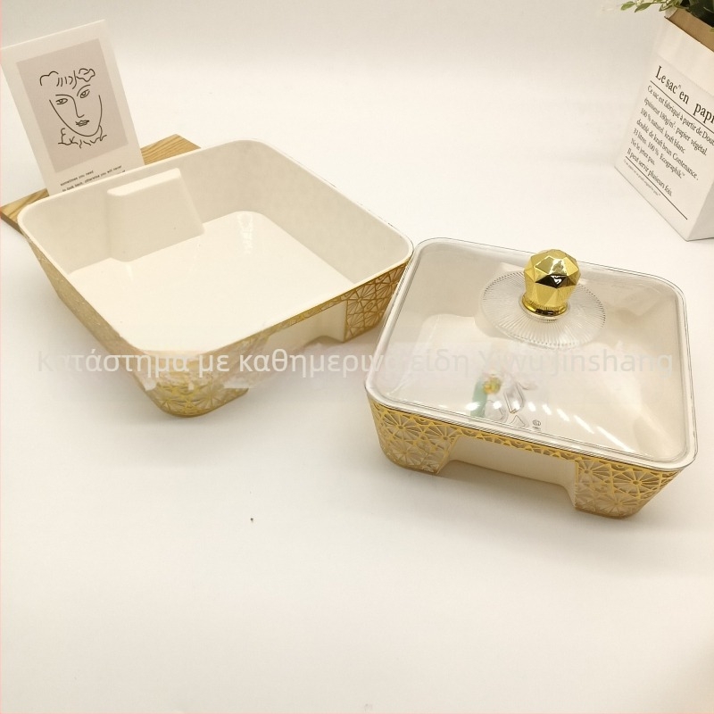 Πλαστικός δίσκος φρούτων με χαραγμένο μοτίβο λουλουδιών, τετράγωνος διαφανής, με καπάκι, στυλ λουξ ρετρό