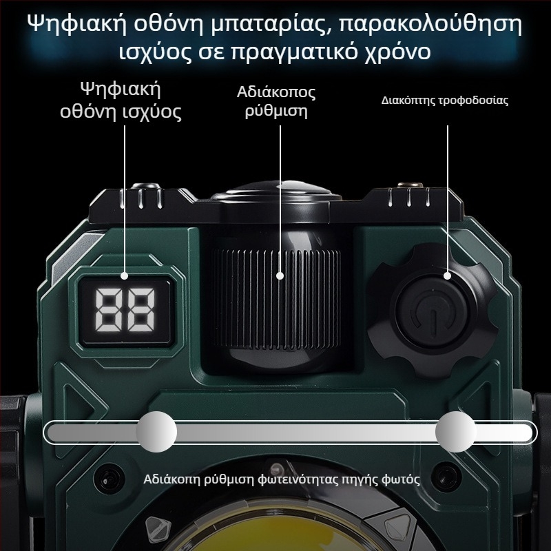 Ηλιακή λυχνία κάμπινγκ με επαναφορτιζόμενο Type-C, μαγνητικό COB LED εργασιακό φως, μπαταρία 3600mAh, περιστροφή 360°