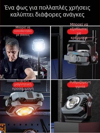 LED φως κατασκήνωσης με μαγνητική βάση, φορητό και επαναφορτιζόμενο, 20W, 3.7V, συνεχής ρύθμιση φωτισμού