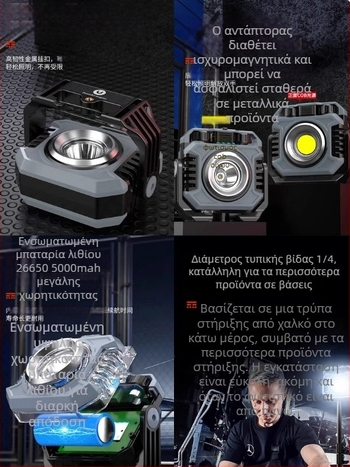 LED φως κατασκήνωσης με μαγνητική βάση, φορητό και επαναφορτιζόμενο, 20W, 3.7V, συνεχής ρύθμιση φωτισμού