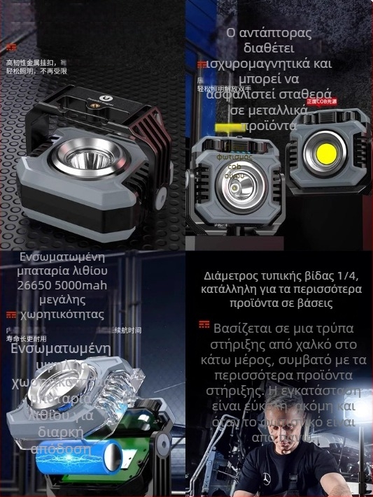 LED φως κατασκήνωσης με μαγνητική βάση, φορητό και επαναφορτιζόμενο, 20W, 3.7V, συνεχής ρύθμιση φωτισμού