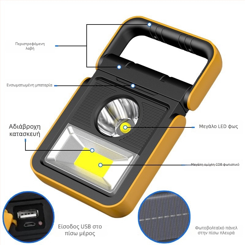 TANJE εξωτερικό φως κατασκήνωσης με LED κύριο φως και COB, μπαταρία 1200mAh, ισχύς 10W, φόρτιση, εμβέλεια άνω των 500m