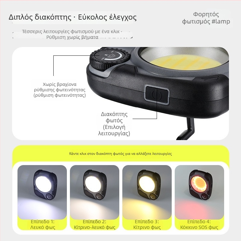 USB επαναφορτιζόμενος εργασιακό φως COB LED, ρυθμιζόμενη φωτεινότητα χωρίς βήματα, 5W, 2000mAh