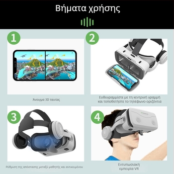 VR headset για κινητό τηλέφωνο με ενσωματωμένα ακουστικά, 3D υποστήριξη, οθόνη 4.7–7.2 ιντσών, πλαστικό σώμα