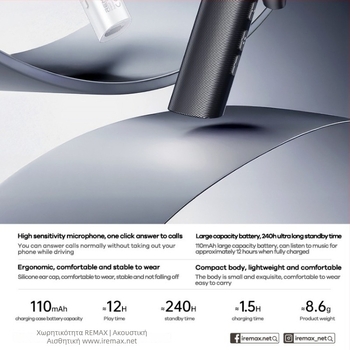 Remax Ruiliang Bluetooth Ακουστικό αυτοκινήτου 5.4, hands-free, στερεοφωνικός ήχος, εμβέλεια 10 m, μπαταρία 4–8 h