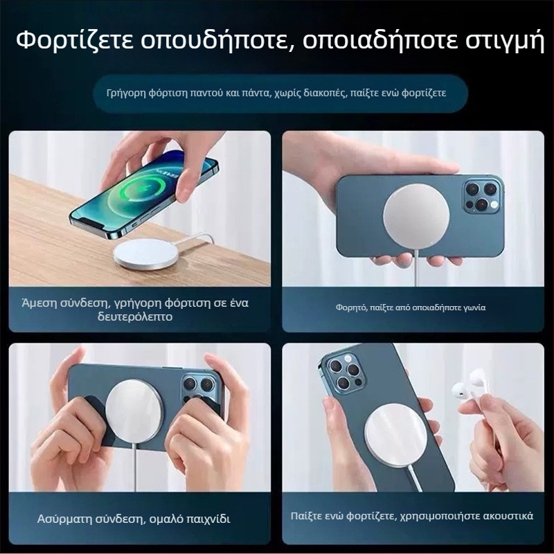 Ασύρματος φορτιστής MagSafe με μαγνητική ευθυγράμμιση για iPhone 12–16, 15W PD γρήγορη φόρτιση, ρεύμα εξόδου 2A