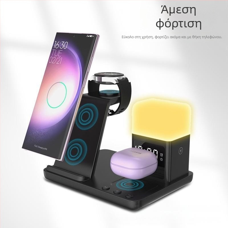 Πολυχρηστικός ασύρματος φορτιστής με νυχτερινό φως για Samsung ρολόι, Apple iPhone и ακουστικά – 15W γρήγορη ασύρματη φόρτιση, QC3.0