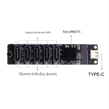 Κάρτα επέκτασης USB προς SATA, 5 θύρες, JMS580 + JMB575, SATA3.0 6Gbps, καλώδιο 30 cm
