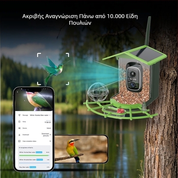 Εξωτερική Κάμερα Ταϊσμού Πουλιών με AI Αναγνώριση, 4MP/2.5K ανάλυση, 2.8mm φακός, 5V τροφοδοσία