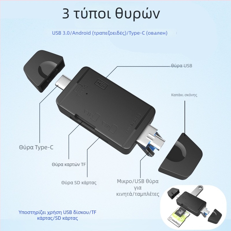 Six-in-One USB Αναγνώστης Καρτών SD/TF για Υπολογιστές και Android ( USB 2.0 Διασύνδεση; Υποστήριξη καρτών SD/TF; Θύρες Android/Type-C/USB; Μοντέλο Z-233; OEM διαθέσιμο )
