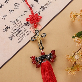 Μεταλλικό διακοσμητικό αυτοκινήτου – κινεζικός παραδοσιακός κόμβος με κρεμαστό σταυρός και φούντα για τον πίσω καθρέφτη, εσωτερική διακόσμηση αυτοκινήτου