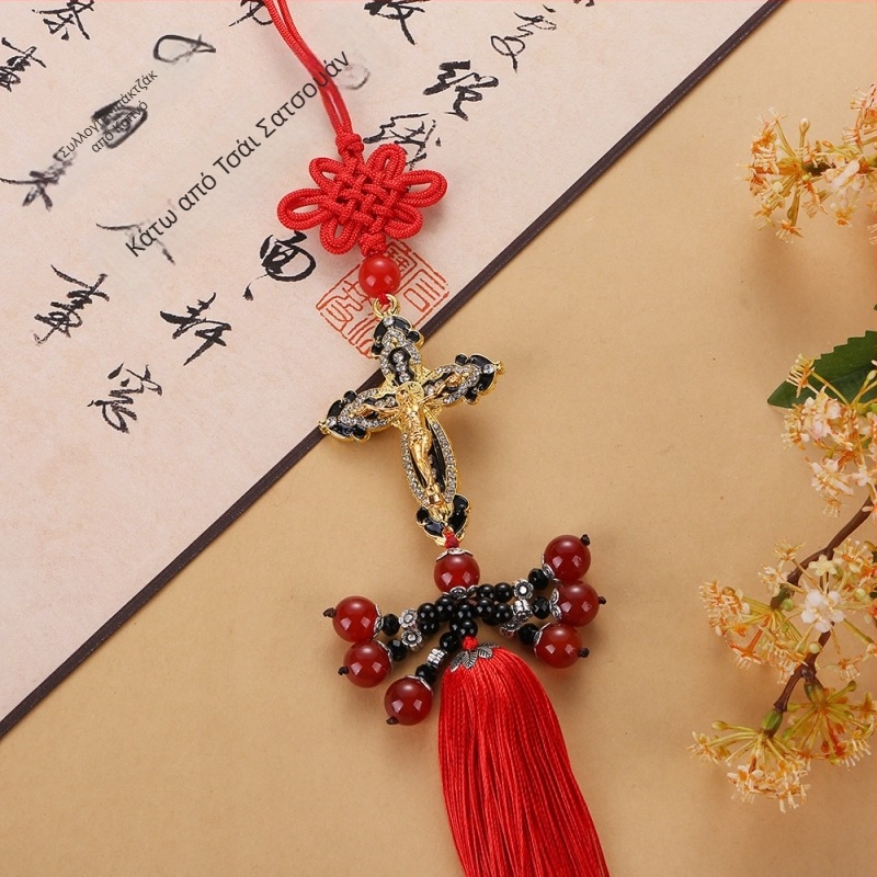 Μεταλλικό διακοσμητικό αυτοκινήτου – κινεζικός παραδοσιακός κόμβος με κρεμαστό σταυρός και φούντα για τον πίσω καθρέφτη, εσωτερική διακόσμηση αυτοκινήτου