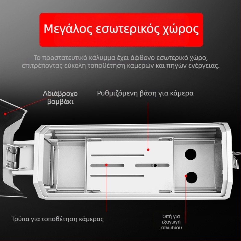 Προστατευτικό κάλυμμα εξωτερικής κάμερας παρακολούθησης, τύπος gun, πλαστικό περίβλημα; κατάλληλο για καλώδιο διαμέτρου έως 2 cm; λειτουργική θερμοκρασία -30°C έως 60°C; στερέωση με βίδες; άνοιγμα παραθύρου 60×60 mm.