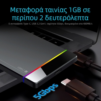 Shuole U25n-l εξωτερικό HDD περίβλημα 2,5 ιντσών Type-C χωρίς εργαλεία με RGB ένδειξη, USB 3.2 Gen 1 (5 Gbps), PC+ABS, Υποστηρίζει έως 6TB