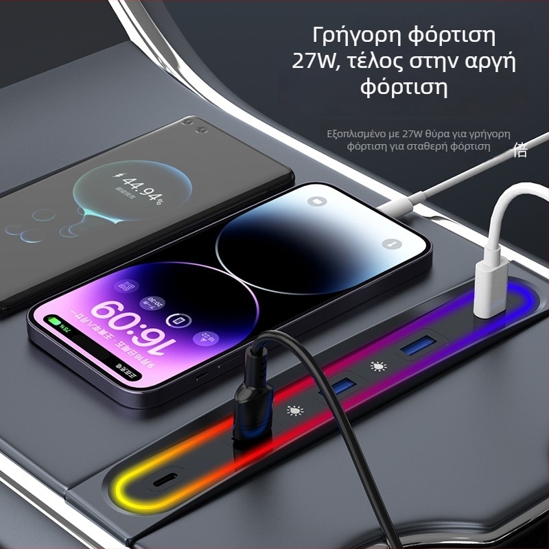 Tesla Model 3/Y θήκη φόρτισης κεντρικής κονσόλας με θήκη για γάντια, 6 θύρες USB-C, 1 m καλώδιο, 27W γρήγορη φόρτιση, χωρίς εξωτερική τροφοδοσία