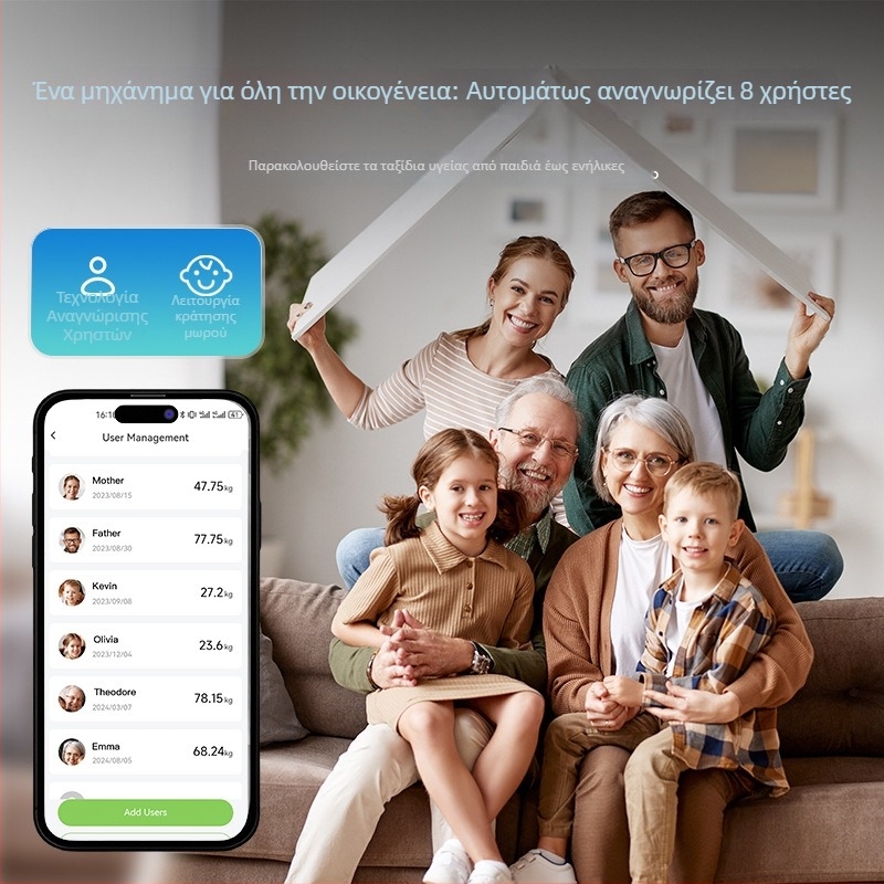 Ζυγαριά σώματος με οκτώ ηλεκτρόδια, Bluetooth και εφαρμογή μέτρησης λίπους και ύδατος, με γυάλινη επιφάνεια