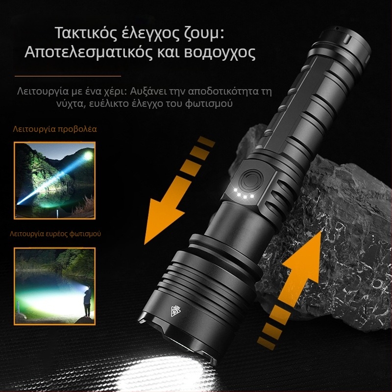 Φορτιζόμενος φορητός φακός LED 30W, 1500lm, ακτίνα έως 1000m, φόρτιση Type-C, IPX6, για εξωτερική χρήση
