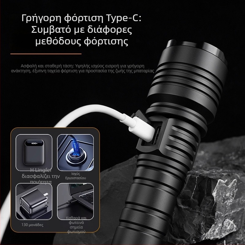 Φορτιζόμενος φορητός φακός LED 30W, 1500lm, ακτίνα έως 1000m, φόρτιση Type-C, IPX6, για εξωτερική χρήση