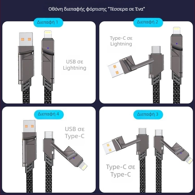 4-σε-1 καλώδιο ταχείας φόρτισης με πολλαπλούς συνδετήρες USB-C, Lightning και Micro USB, PD έως 65W, πλεγμένο, μήκος 1-2 μ., μαύρο/γκρι