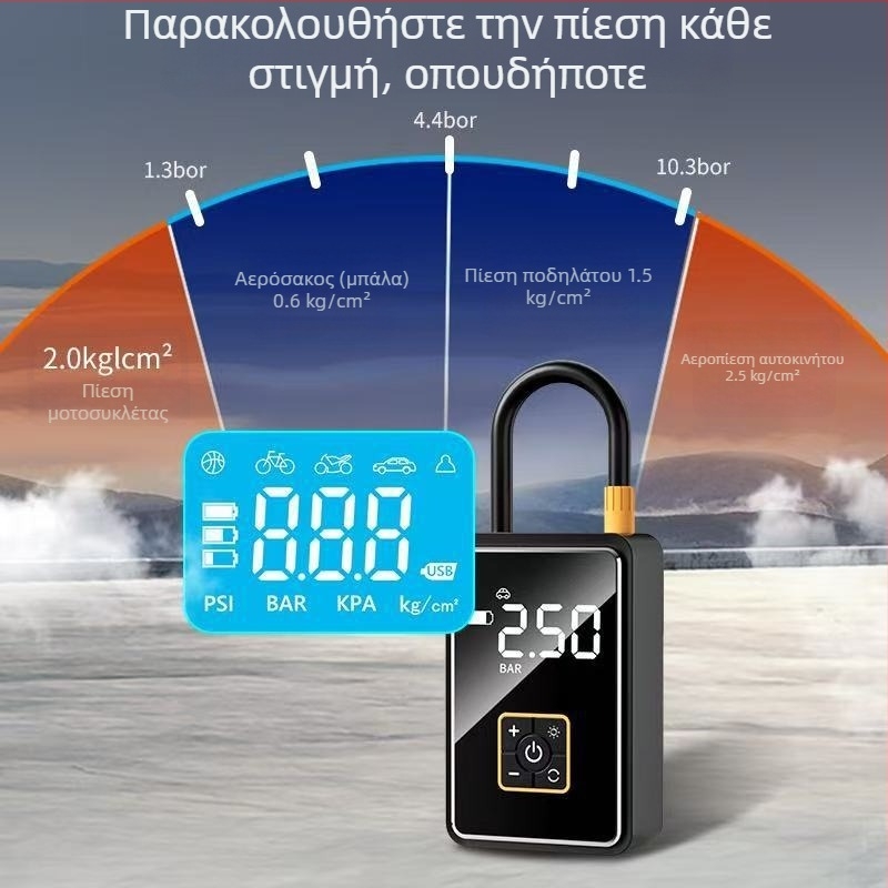 Φορητή ασύρματη αντλία αέρα αυτοκινήτου με ψηφιακή οθόνη - 12V, 100W, 25 L/min, 450 g