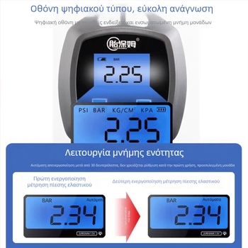 Ψηφιακό εργαλείο πλήρωσης ελαστικών αυτοκινήτου με μετρητή πίεσης, ψηφιακή οθόνη, εύρος 0-200 psi, πολλαπλές μονάδες, ακρίβεια 0,01