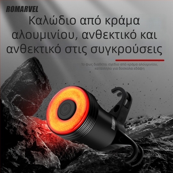 Φανάρι πίσω ποδηλάτου Q5Mini με ευφυή αισθητήρα φρένου — φόρτιση USB-C, εγκατάσταση με snap, μπαταρία 500 mAh, κατάλληλο για νυχτερινή ποδηλασία