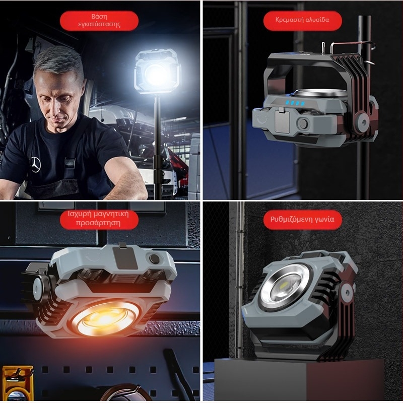 Εξωτερικός LED φακός εργασίας και λαμπτήρας κατασκήνωσης, φορητός επαναφορτιζόμενος, 15W, 5000 mAh, χειροκίνητη φόρτιση, εμβέλεια 100–200 m