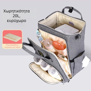 Σακίδιο μαμάς από πολυεστέρα, αδιάβροχο, διαχωρισμός στεγνό-βρεγμένο, μέγιστο φορτίο 15–20 kg, διαστάσεις 42×27×8 cm