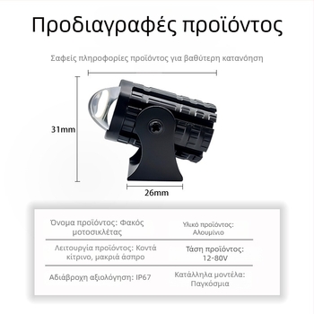 Φακός LED μοτοσικλέτας με διχρωματικό φωτισμό - είσοδος 12-80V, 8000 lm, 10 W, IP65, κράμα αλουμινίου