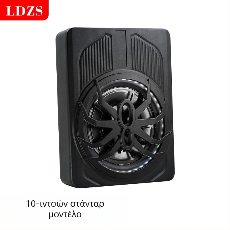 Ενεργός υπογούφερ αυτοκινήτου με LED φωτισμό, υπερ-λεπτός σχεδιασμός; μέγιστη ισχύς 800W, αντίσταση 2,6 Ω, εύρος συχνοτήτων 20 Hz–150 Hz, ευαισθησία >90 dB, THD <0,4%