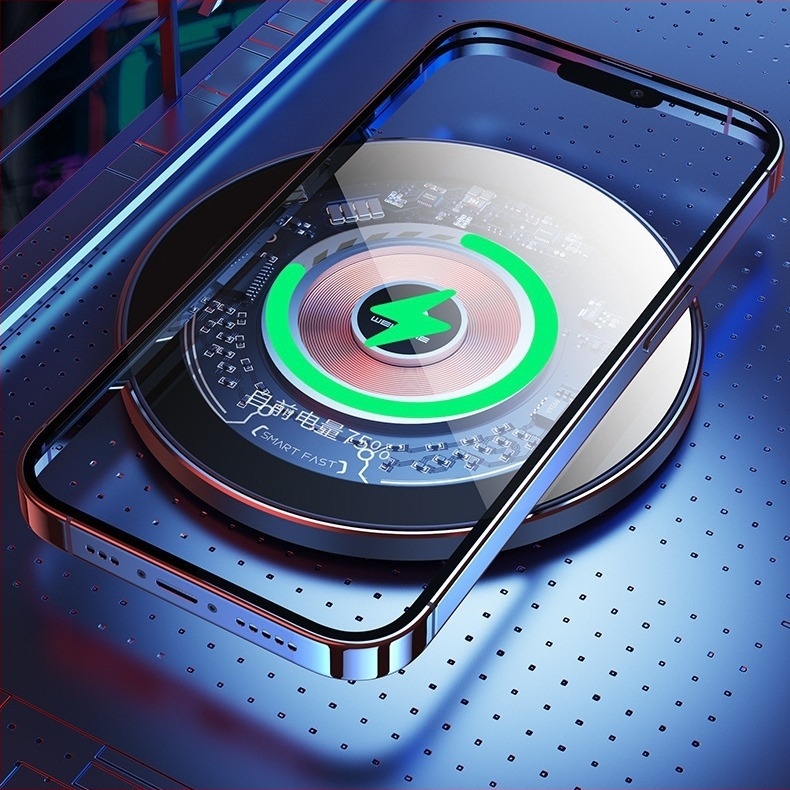 Φορτιστής ασύρματης φόρτισης 15W για το iPhone 15 με μεταλλικό σώμα, στρογγυλός διαφανής σχεδιασμός, μαγνητική φόρτιση