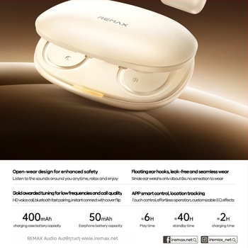 Remax OWS ανοικτού τύπου ακουστικά με έλεγχο μέσω εφαρμογής, πραγματικά ασύρματα, Bluetooth 6.0, εμβέλεια 10 μ, αυτονομία 4–8 ωρών, στερεοφωνικός ήχος, σχεδιασμός με κράτημα στο αυτί