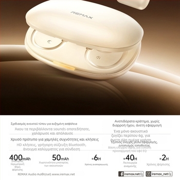 Remax OWS ανοικτού τύπου ακουστικά με έλεγχο μέσω εφαρμογής, πραγματικά ασύρματα, Bluetooth 6.0, εμβέλεια 10 μ, αυτονομία 4–8 ωρών, στερεοφωνικός ήχος, σχεδιασμός με κράτημα στο αυτί