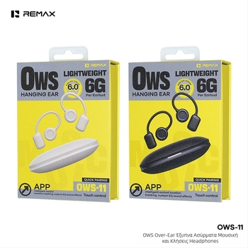 Remax OWS ανοικτού τύπου ακουστικά με έλεγχο μέσω εφαρμογής, πραγματικά ασύρματα, Bluetooth 6.0, εμβέλεια 10 μ, αυτονομία 4–8 ωρών, στερεοφωνικός ήχος, σχεδιασμός με κράτημα στο αυτί
